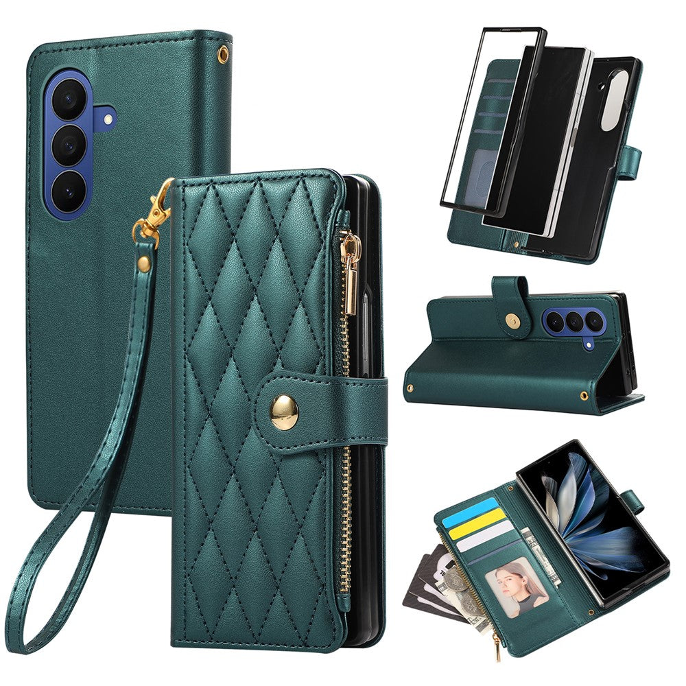Til Samsung Galaxy Z Fold8 Ultra Cover Multi Kortpladser Lynlås Rombus Læder Telefoncover med Håndrem
