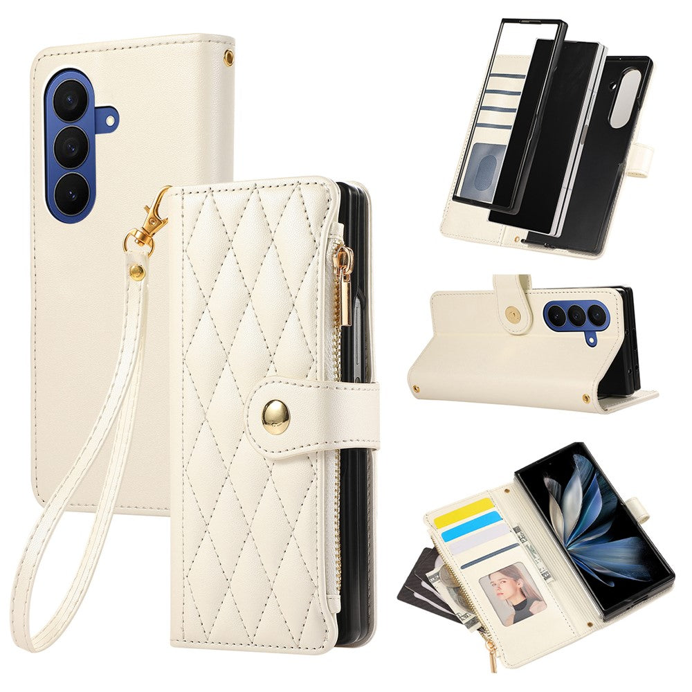 Til Samsung Galaxy Z Fold8 Ultra Cover Multi Kortpladser Lynlås Rombus Læder Telefoncover med Håndrem