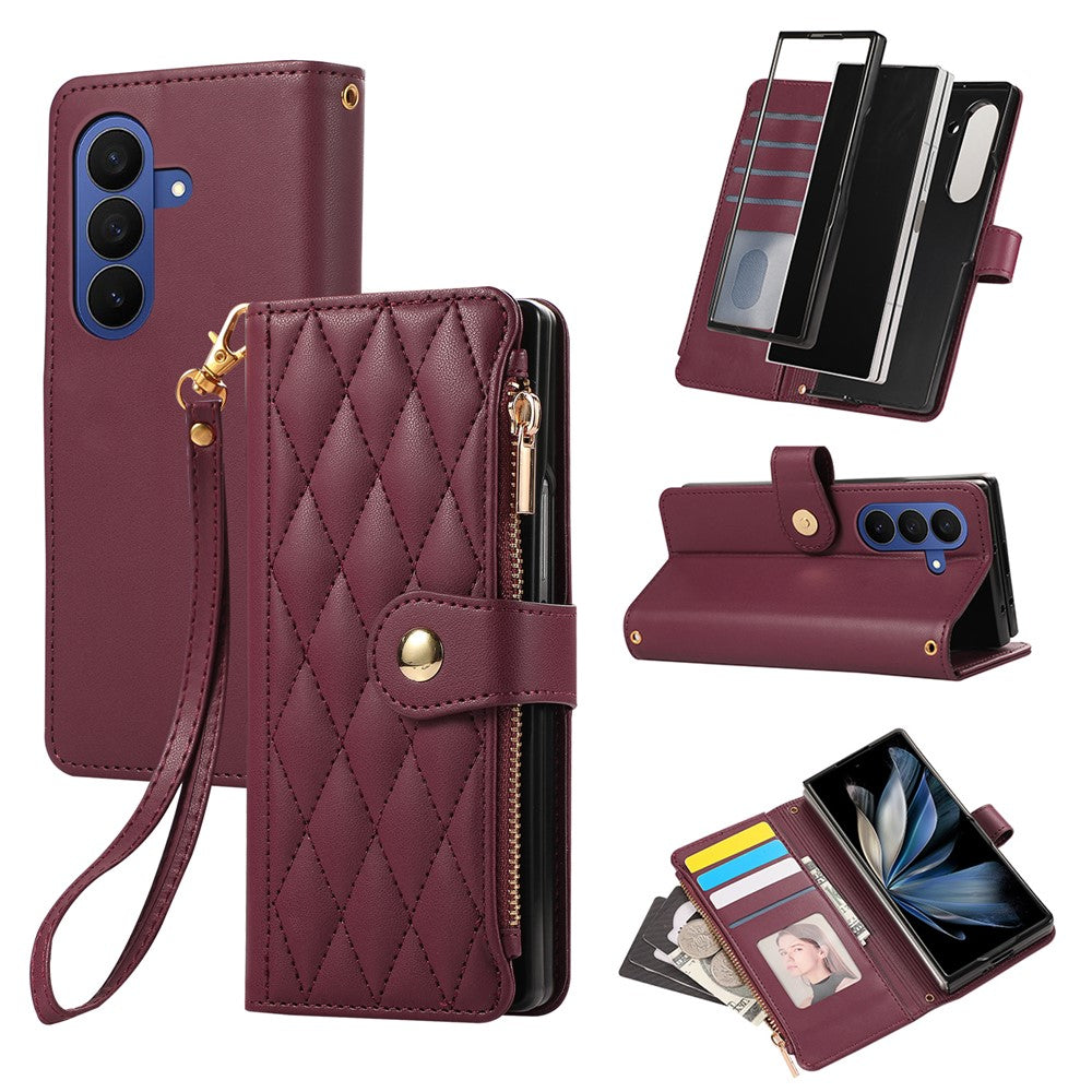 Til Samsung Galaxy Z Fold8 Ultra Cover Multi Kortpladser Lynlås Rombus Læder Telefoncover med Håndrem