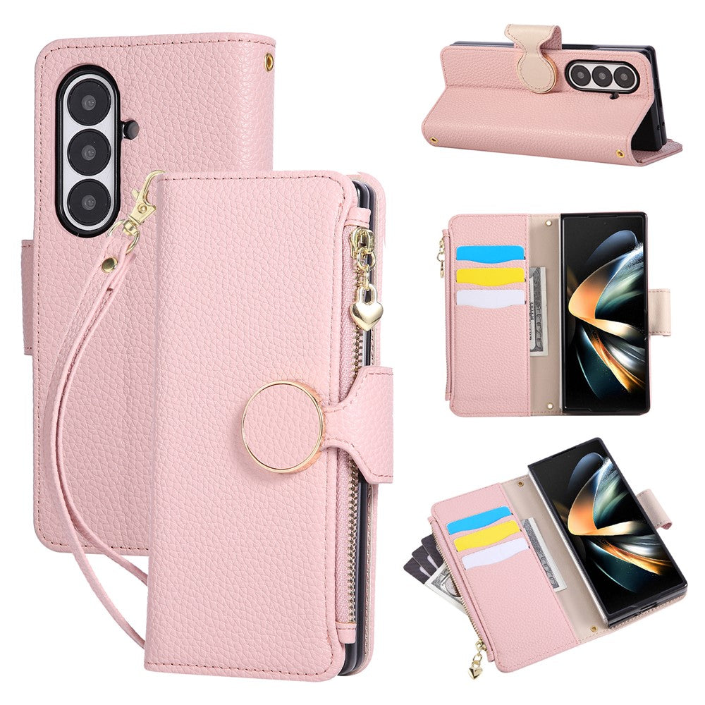 For Samsung Galaxy Z Fold7 5G Case Zipper Wallet Leather Phone Cover with Wrist Strap