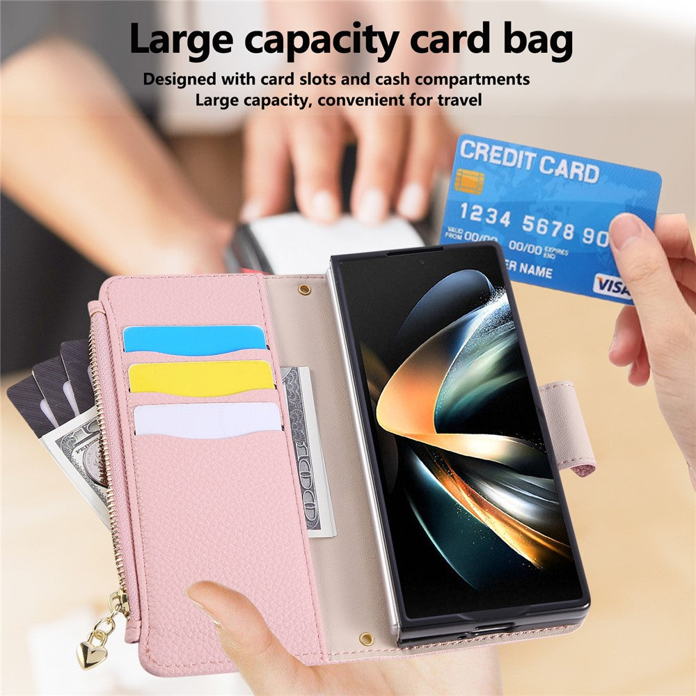 For Samsung Galaxy Z Fold7 5G Case Zipper Wallet Leather Phone Cover with Wrist Strap