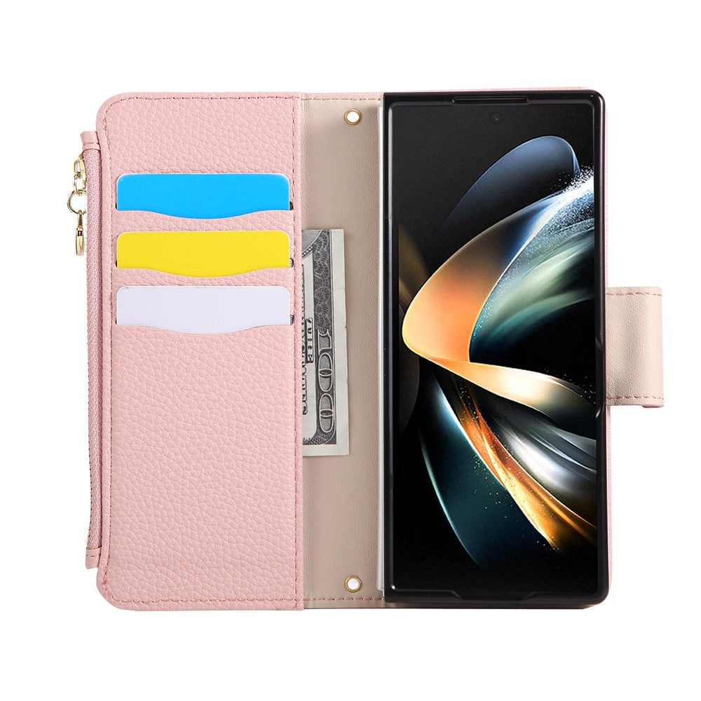 For Samsung Galaxy Z Fold7 5G Case Zipper Wallet Leather Phone Cover with Wrist Strap
