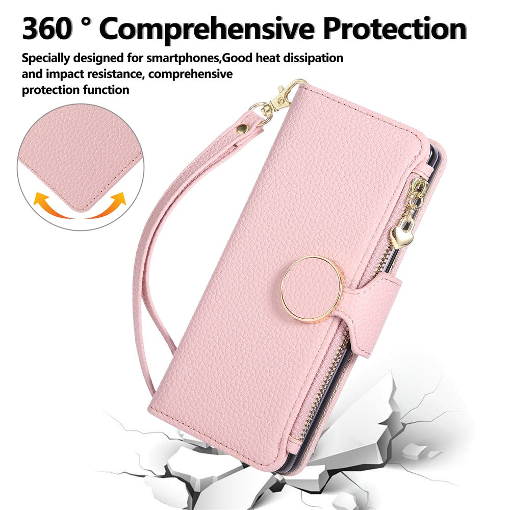 For Samsung Galaxy Z Fold7 5G Case Zipper Wallet Leather Phone Cover with Wrist Strap