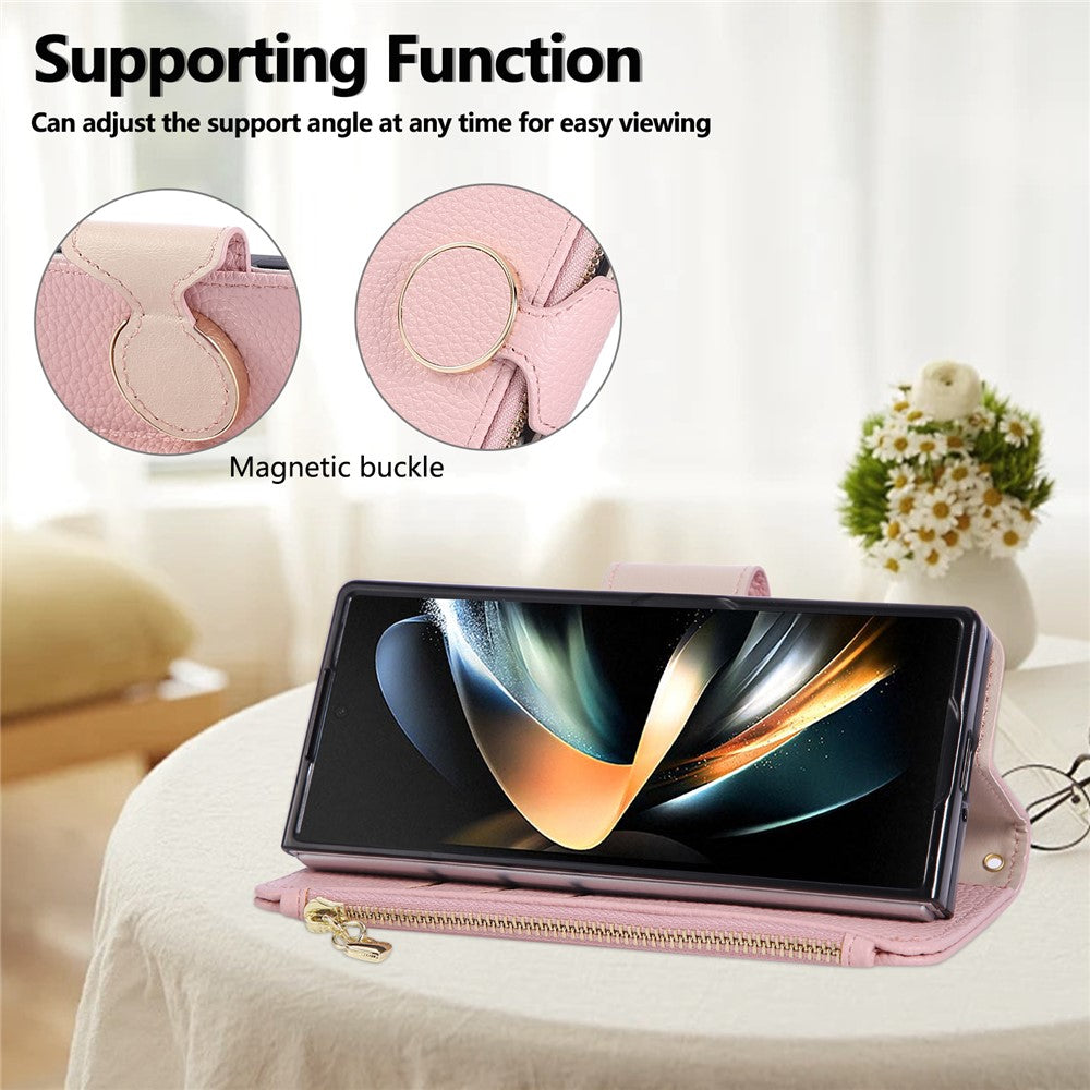 For Samsung Galaxy Z Fold7 5G Case Zipper Wallet Leather Phone Cover with Wrist Strap
