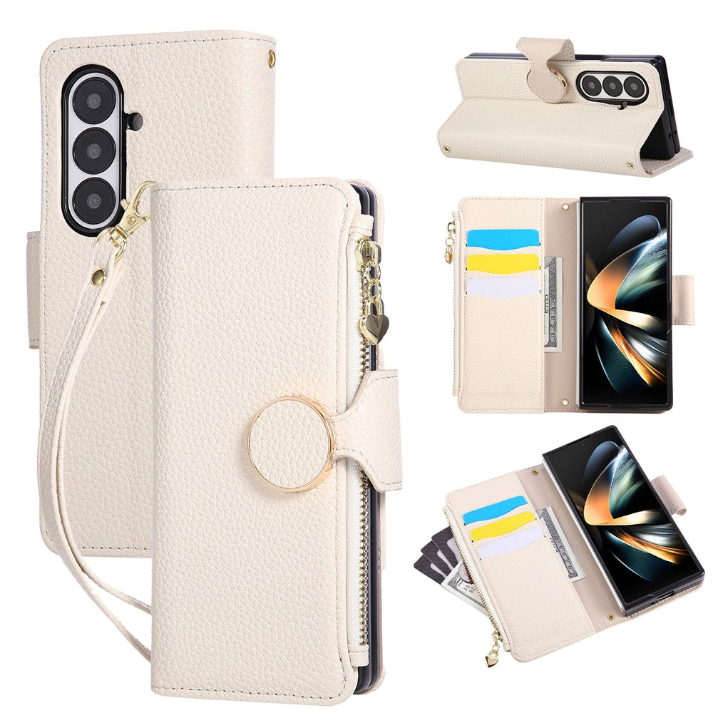 For Samsung Galaxy Z Fold7 5G Case Zipper Wallet Leather Phone Cover with Wrist Strap
