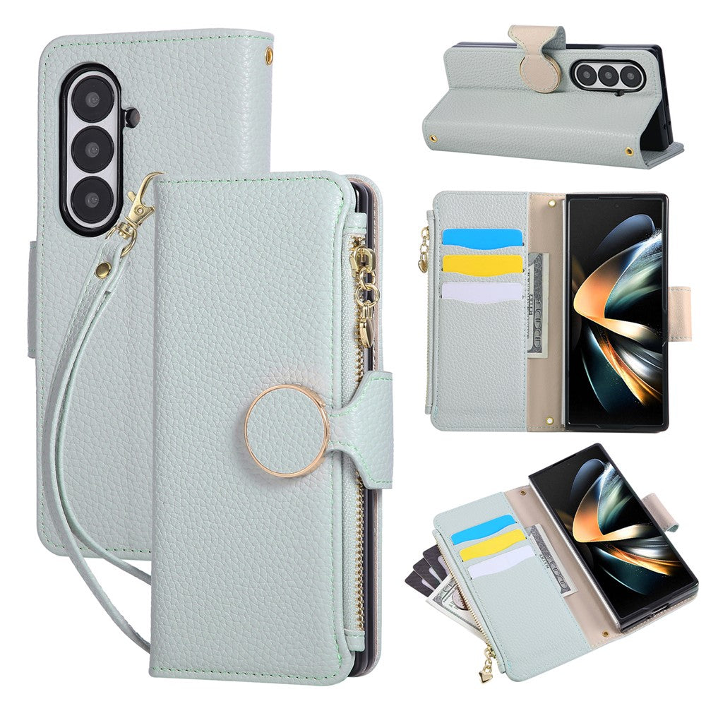 For Samsung Galaxy Z Fold7 5G Case Zipper Wallet Leather Phone Cover with Wrist Strap