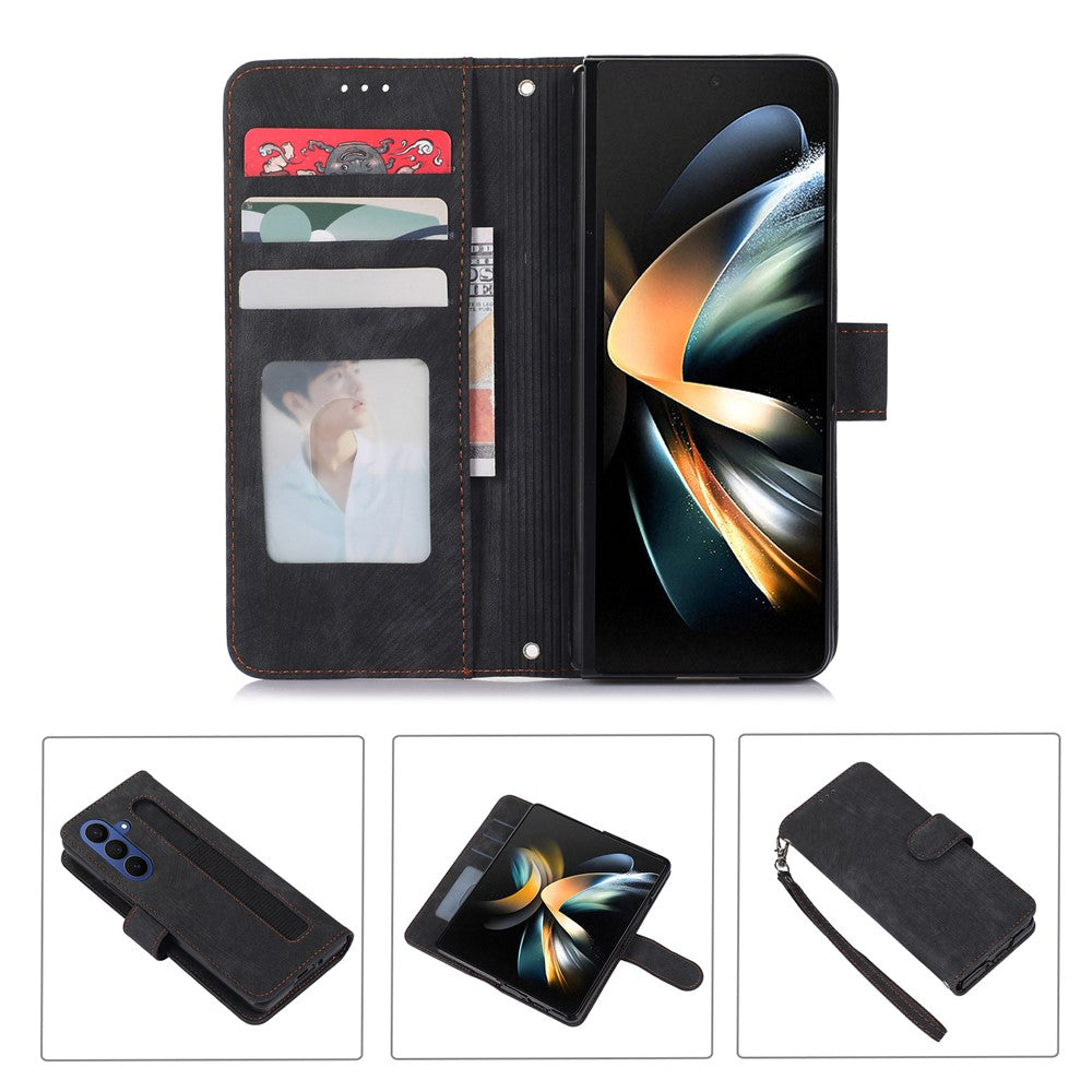 For Samsung Galaxy Z Fold7 5G Case PU Leather Wallet Phone Cover with Wrist Strap / Pen Holder