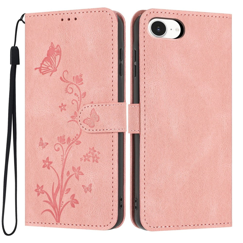 For iPhone 17th / 16th Wallet Case Butterfly Flower Imprint PU Leather Phone Cover with Wrist Strap
