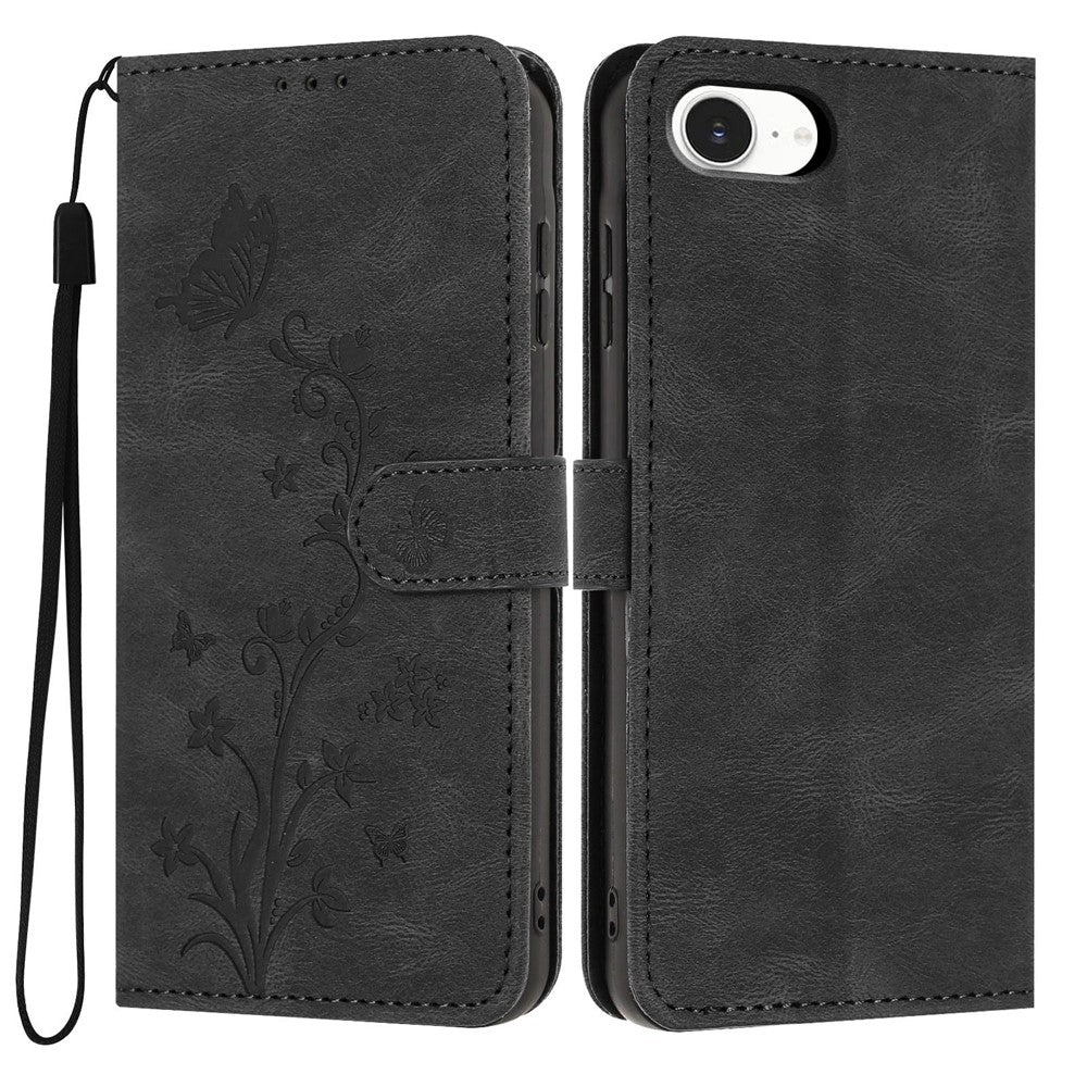 For iPhone 17th / 16th Wallet Case Butterfly Flower Imprint PU Leather Phone Cover with Wrist Strap