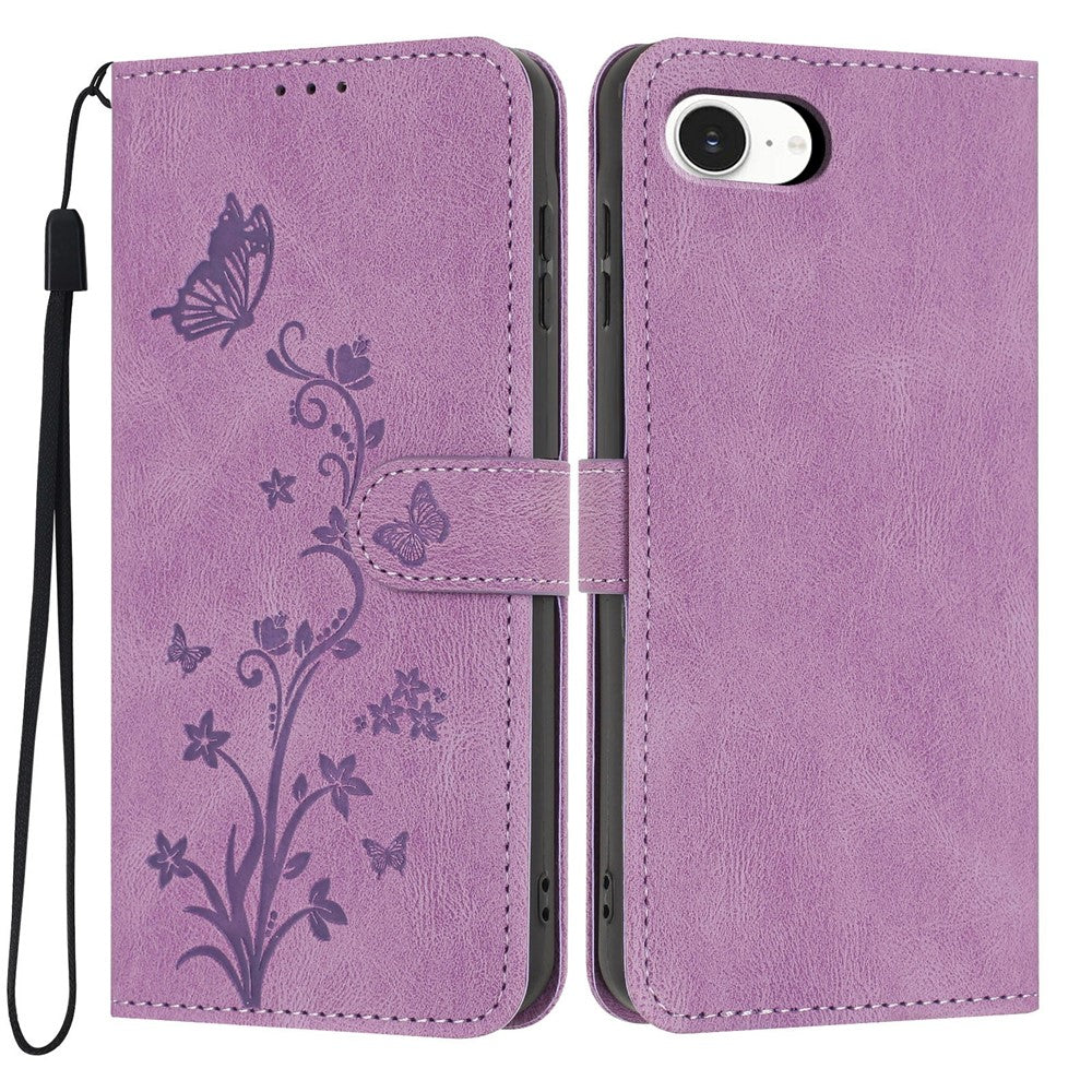 For iPhone 17th / 16th Wallet Case Butterfly Flower Imprint PU Leather Phone Cover with Wrist Strap
