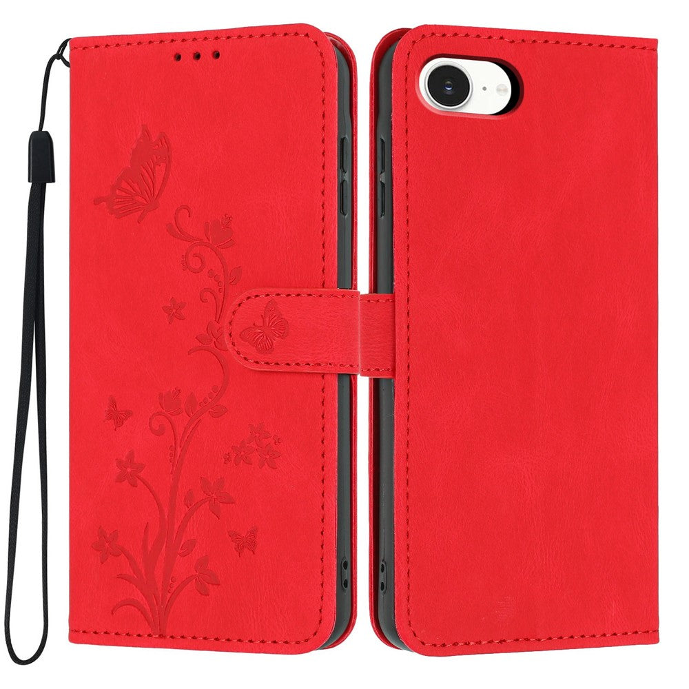 For iPhone 17th / 16th Wallet Case Butterfly Flower Imprint PU Leather Phone Cover with Wrist Strap