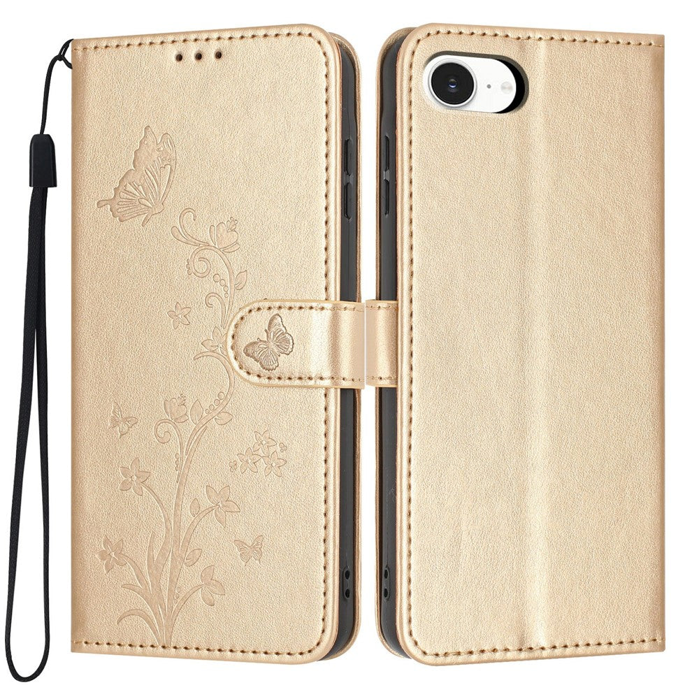 For iPhone 17th / 16th Wallet Case Butterfly Flower Imprint PU Leather Phone Cover with Wrist Strap