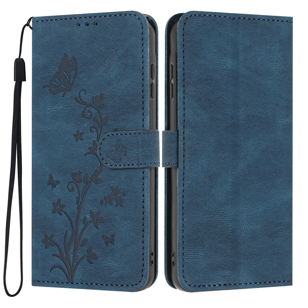 For iPhone 17th / 16th Wallet Case Butterfly Flower Imprint PU Leather Phone Cover with Wrist Strap