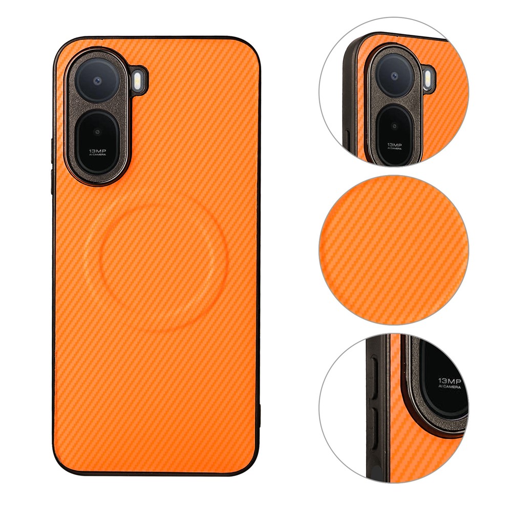 For Xiaomi Poco C81 4G  /  C81 Pro 4G  /  C85x 5G  /  Redmi A7 Pro 4G (171.56mm)  /  A7 Pro 5G Case Carbon Fiber Texture Leather Coated TPU PC Phone Cover with Metal Ring for Magnetic Car Mount