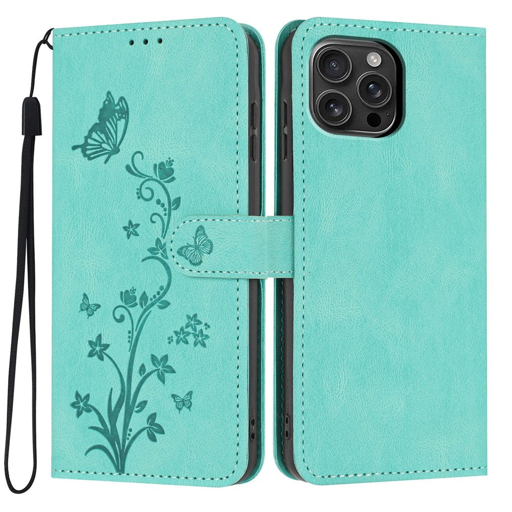 Fodral till iPhone 16 Pro Max med plånbok, fjärils- och blommönster, i PU-läder med handledsrem
