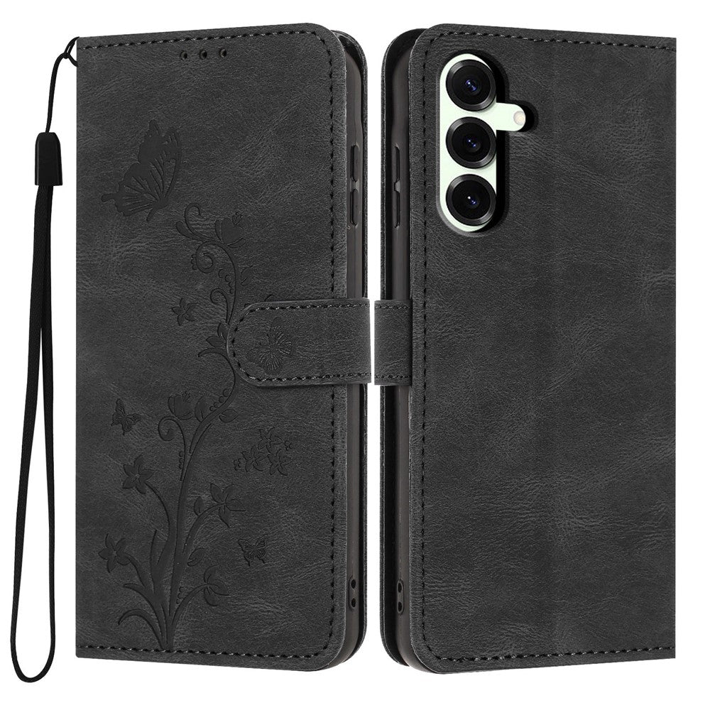 For Samsung Galaxy S25+ Wallet Case Butterfly Flower Imprint PU Leather Phone Cover with Wrist Strap