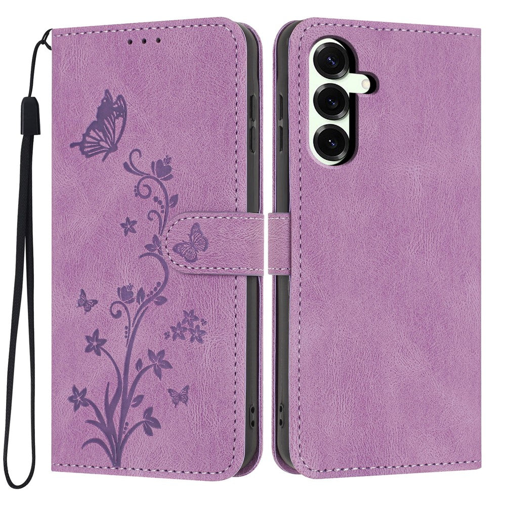 For Samsung Galaxy S25+ Wallet Case Butterfly Flower Imprint PU Leather Phone Cover with Wrist Strap