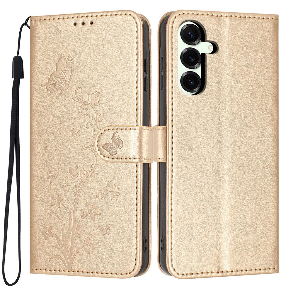 For Samsung Galaxy S25+ Wallet Case Butterfly Flower Imprint PU Leather Phone Cover with Wrist Strap