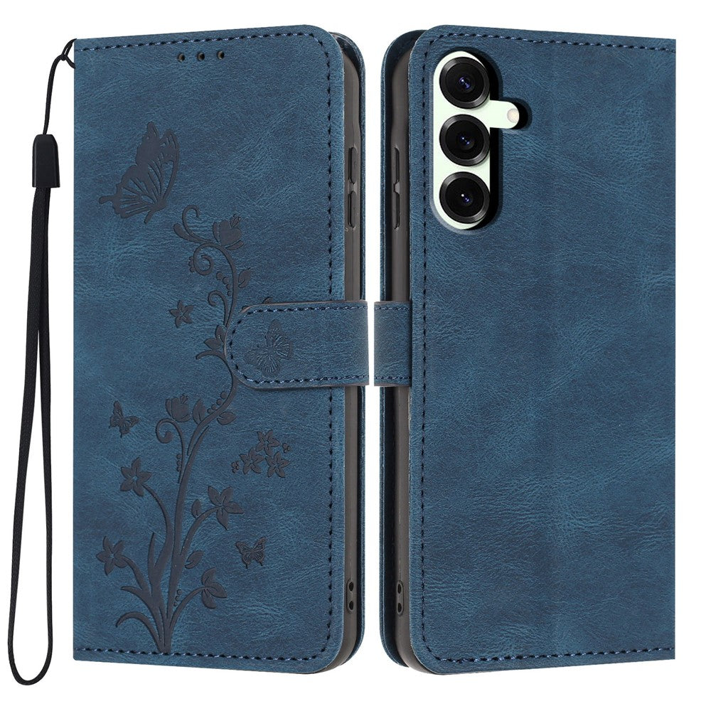 For Samsung Galaxy S25+ Wallet Case Butterfly Flower Imprint PU Leather Phone Cover with Wrist Strap