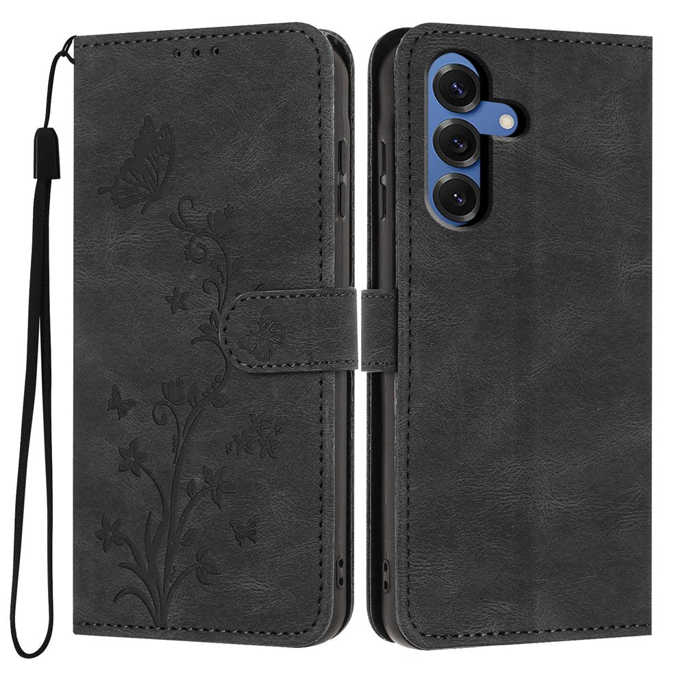 For Samsung Galaxy S25 Wallet Case Butterfly Flower Imprint PU Leather Phone Cover with Wrist Strap