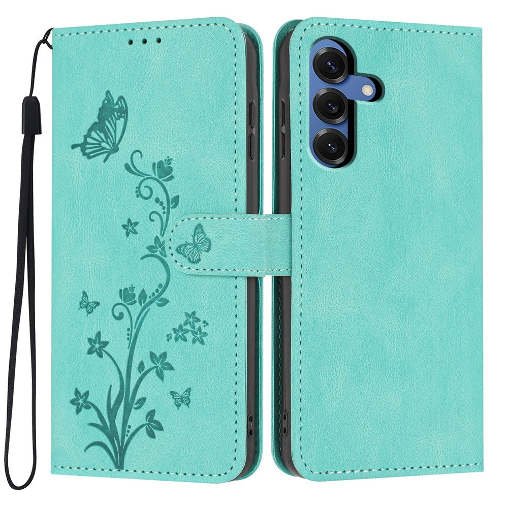 For Samsung Galaxy S25 Wallet Case Butterfly Flower Imprint PU Leather Phone Cover with Wrist Strap