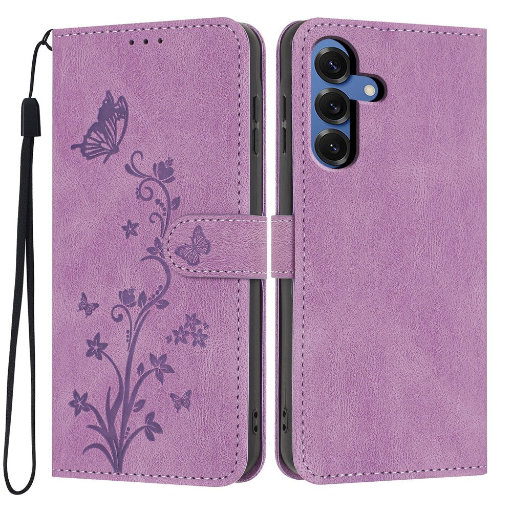 For Samsung Galaxy S25 Wallet Case Butterfly Flower Imprint PU Leather Phone Cover with Wrist Strap