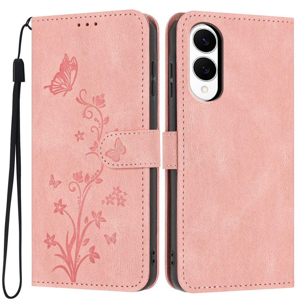 For Samsung Galaxy S25 Edge Wallet Case Butterfly Flower Imprint PU Leather Phone Cover with Wrist Strap