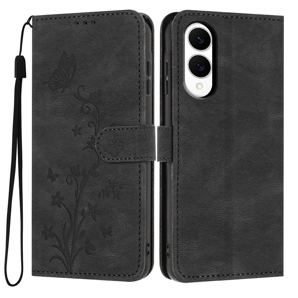 For Samsung Galaxy S25 Edge Wallet Case Butterfly Flower Imprint PU Leather Phone Cover with Wrist Strap