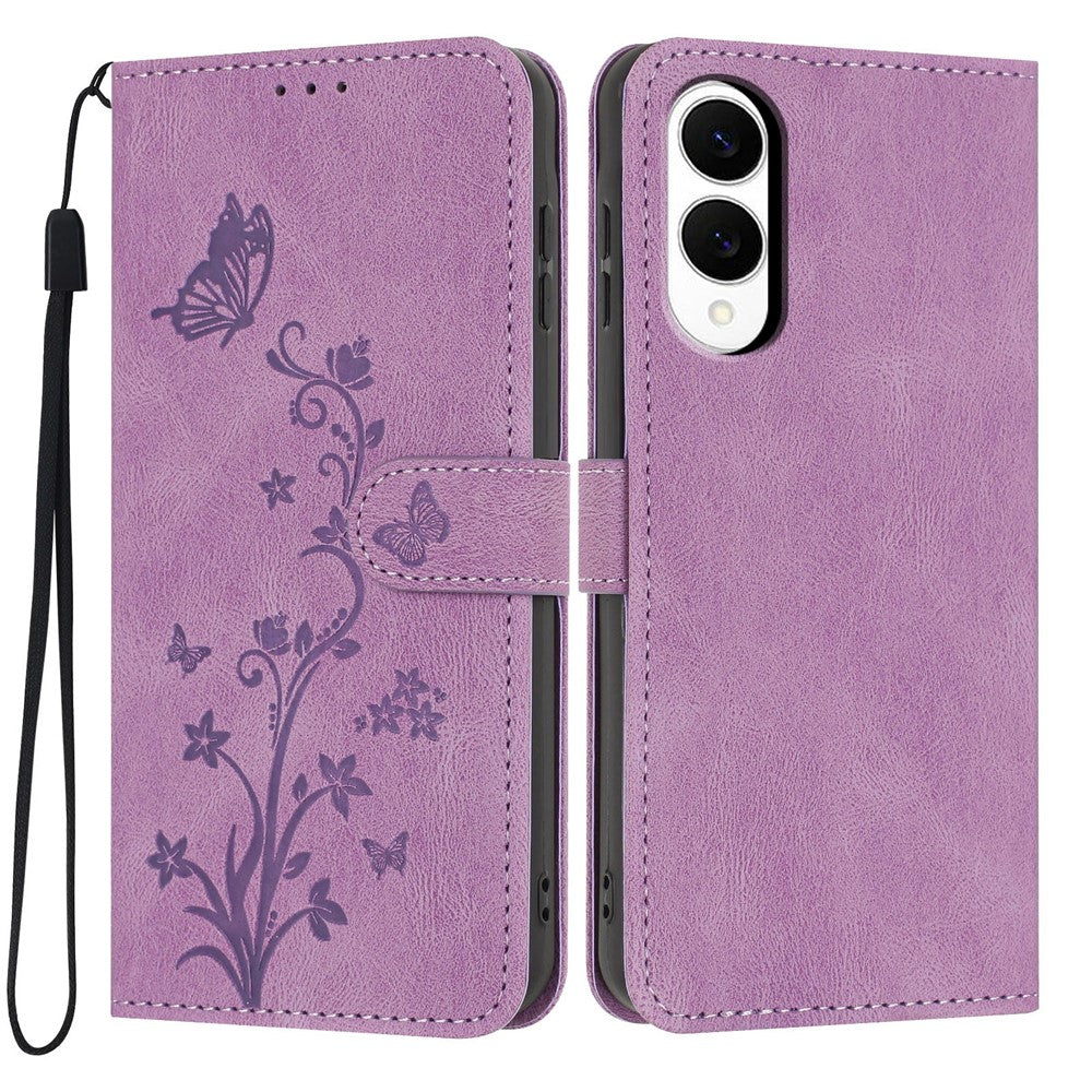 For Samsung Galaxy S25 Edge Wallet Case Butterfly Flower Imprint PU Leather Phone Cover with Wrist Strap