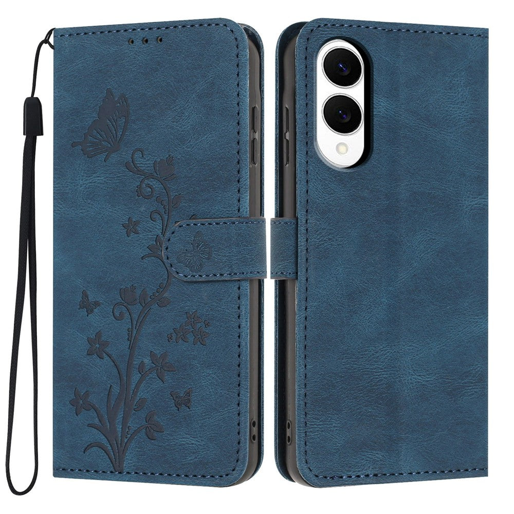 For Samsung Galaxy S25 Edge Wallet Case Butterfly Flower Imprint PU Leather Phone Cover with Wrist Strap