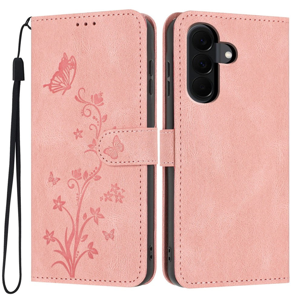 For Samsung Galaxy A57 5G Wallet Case Butterfly Flower Imprint PU Leather Phone Cover with Wrist Strap