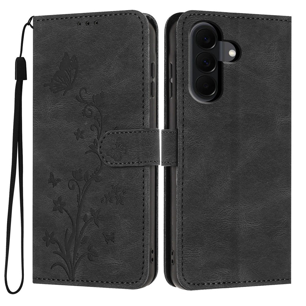 For Samsung Galaxy A57 5G Wallet Case Butterfly Flower Imprint PU Leather Phone Cover with Wrist Strap