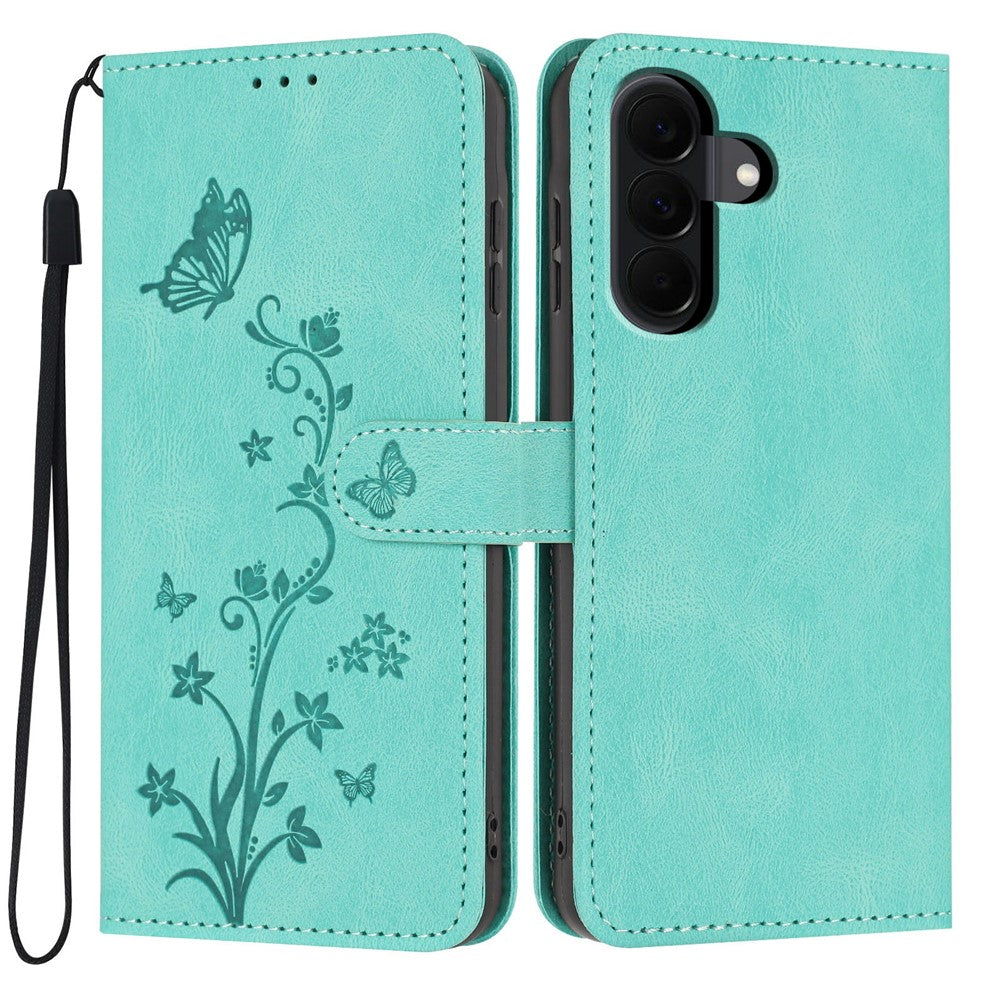 For Samsung Galaxy A57 5G Wallet Case Butterfly Flower Imprint PU Leather Phone Cover with Wrist Strap