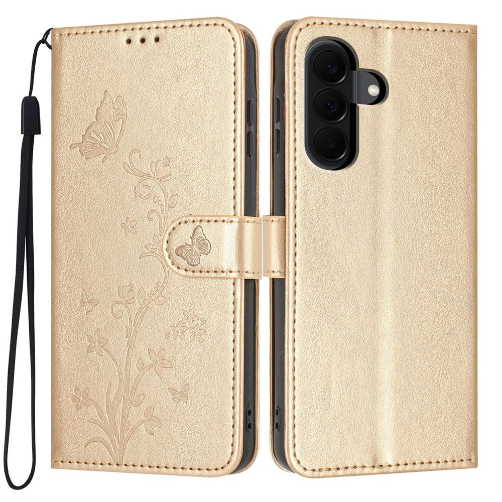 For Samsung Galaxy A57 5G Wallet Case Butterfly Flower Imprint PU Leather Phone Cover with Wrist Strap