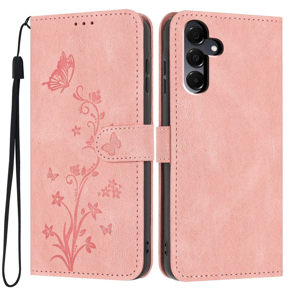 For Samsung Galaxy A27 5G Wallet Case Butterfly Flower Imprint PU Leather Phone Cover with Wrist Strap