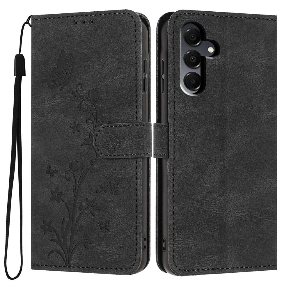 For Samsung Galaxy A27 5G Wallet Case Butterfly Flower Imprint PU Leather Phone Cover with Wrist Strap