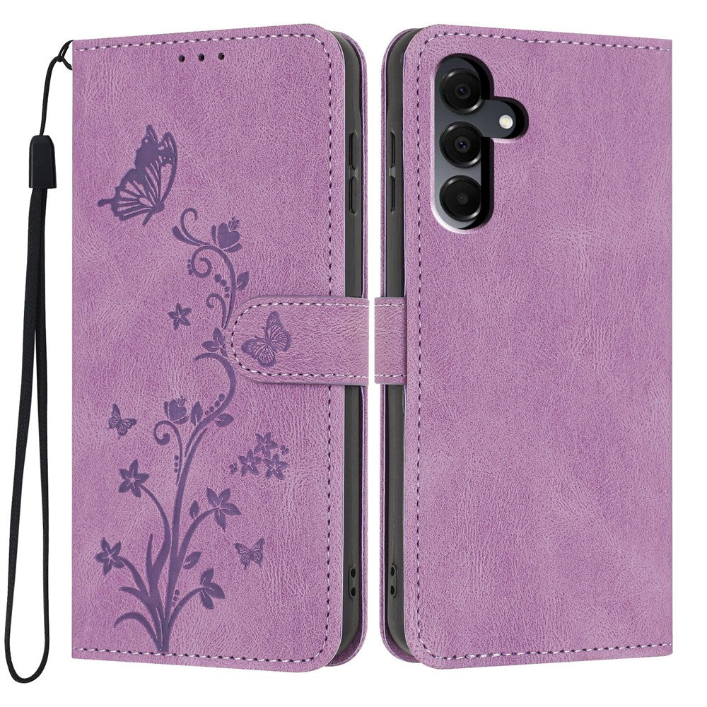 For Samsung Galaxy A27 5G Wallet Case Butterfly Flower Imprint PU Leather Phone Cover with Wrist Strap