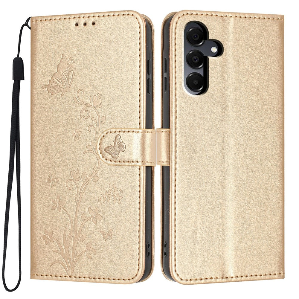 For Samsung Galaxy A27 5G Wallet Case Butterfly Flower Imprint PU Leather Phone Cover with Wrist Strap