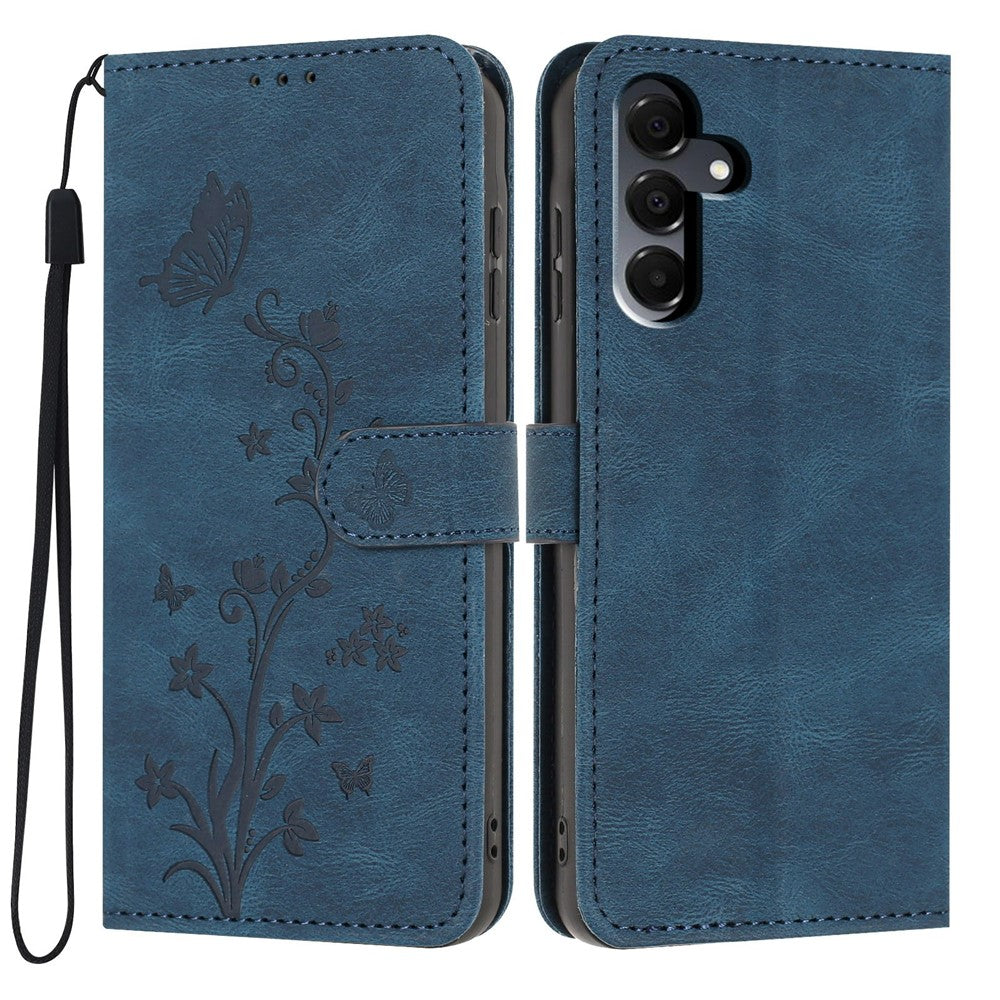 For Samsung Galaxy A27 5G Wallet Case Butterfly Flower Imprint PU Leather Phone Cover with Wrist Strap
