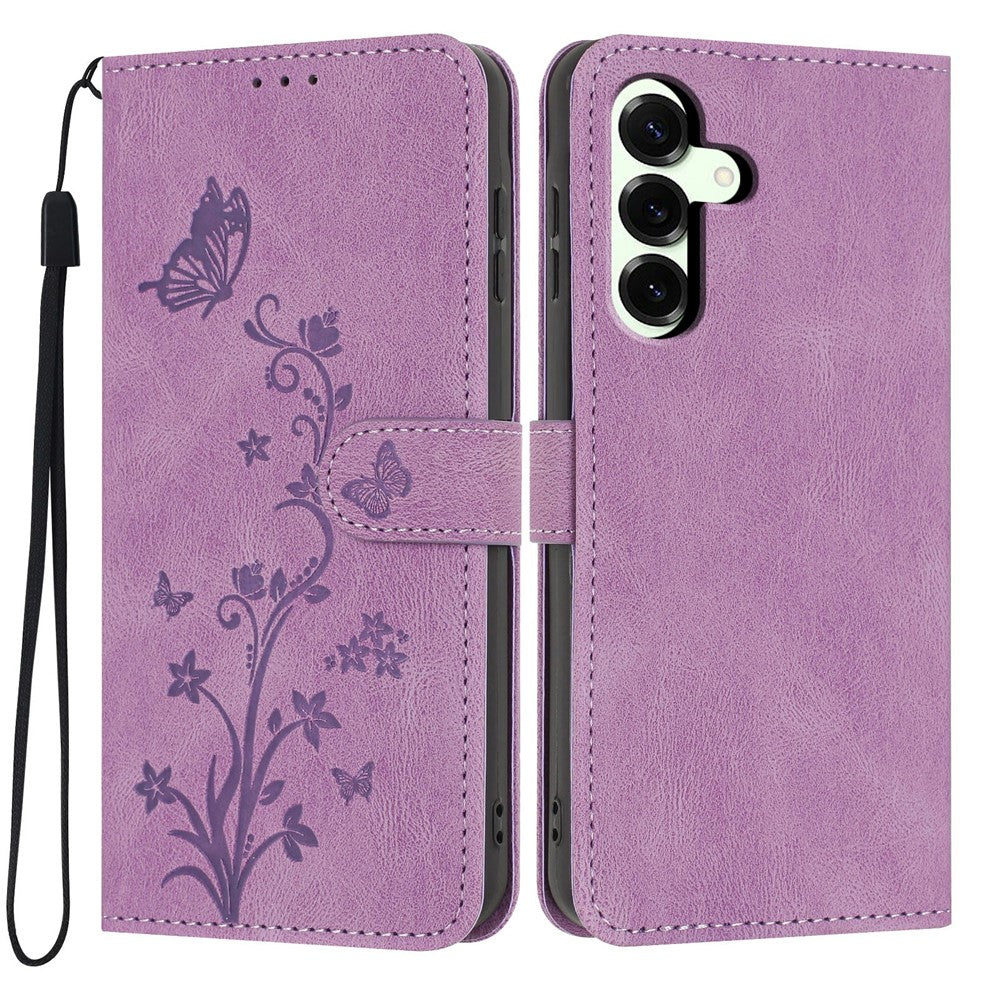 For Samsung Galaxy A36 5G Wallet Case Butterfly Flower Imprint PU Leather Phone Cover with Wrist Strap
