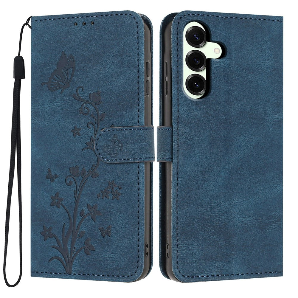 For Samsung Galaxy A36 5G Wallet Case Butterfly Flower Imprint PU Leather Phone Cover with Wrist Strap