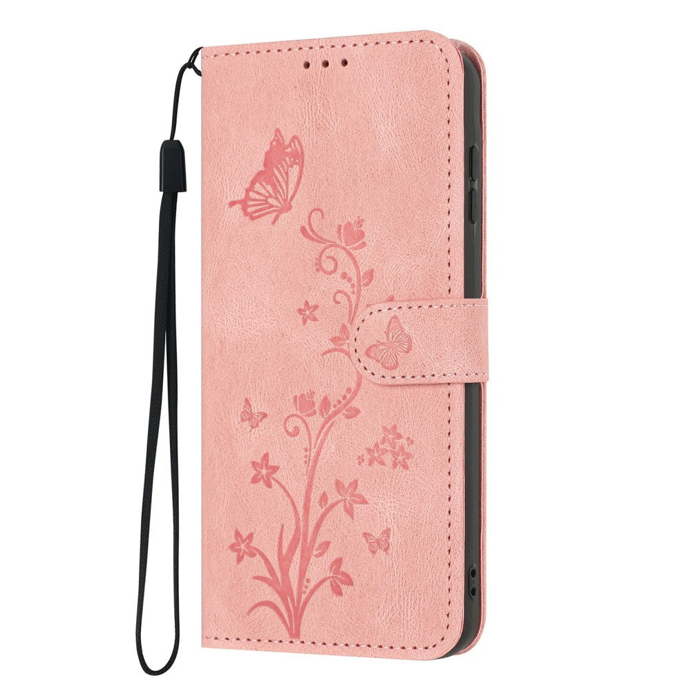 For Samsung Galaxy A55 5G Wallet Case Butterfly Flower Imprint PU Leather Phone Cover with Wrist Strap