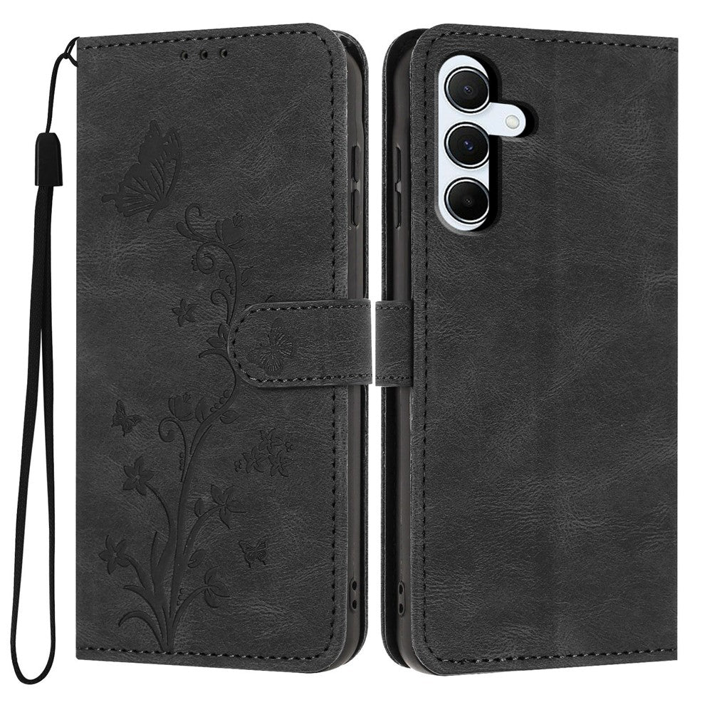 For Samsung Galaxy A55 5G Wallet Case Butterfly Flower Imprint PU Leather Phone Cover with Wrist Strap