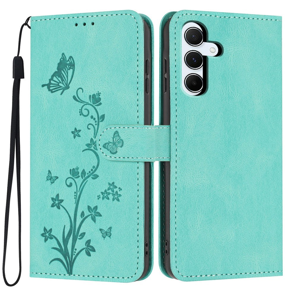 For Samsung Galaxy A55 5G Wallet Case Butterfly Flower Imprint PU Leather Phone Cover with Wrist Strap