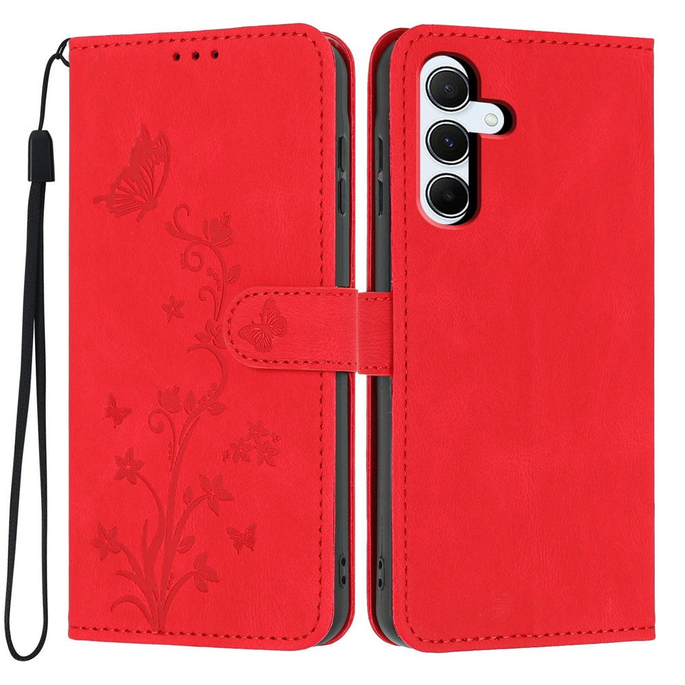 For Samsung Galaxy A55 5G Wallet Case Butterfly Flower Imprint PU Leather Phone Cover with Wrist Strap