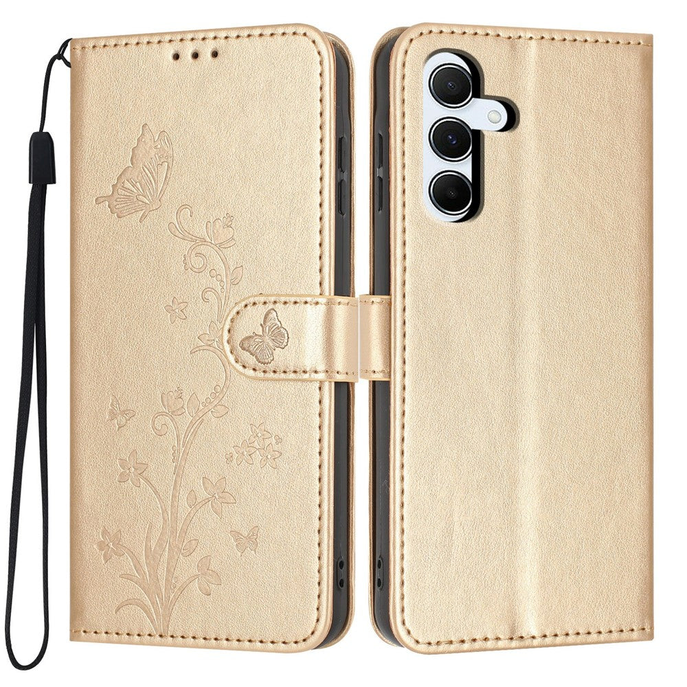 For Samsung Galaxy A55 5G Wallet Case Butterfly Flower Imprint PU Leather Phone Cover with Wrist Strap
