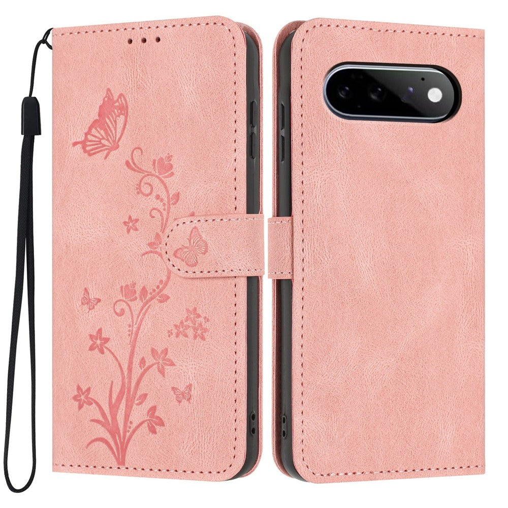 For Google Pixel 11 / Pixel 11 Pro Wallet Case Butterfly Flower Imprint PU Leather Phone Cover with Wrist Strap