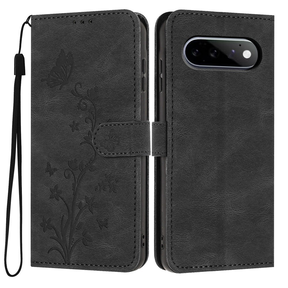 For Google Pixel 11 / Pixel 11 Pro Wallet Case Butterfly Flower Imprint PU Leather Phone Cover with Wrist Strap