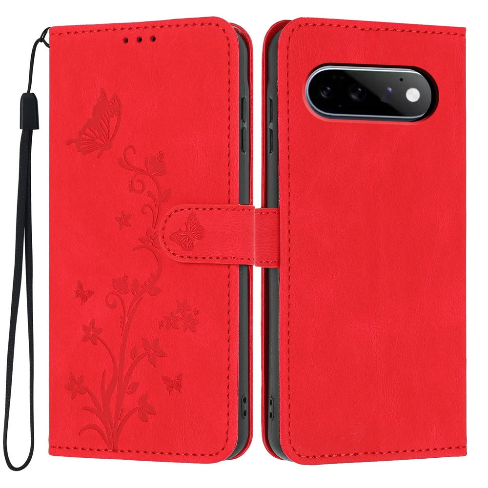 For Google Pixel 11 / Pixel 11 Pro Wallet Case Butterfly Flower Imprint PU Leather Phone Cover with Wrist Strap
