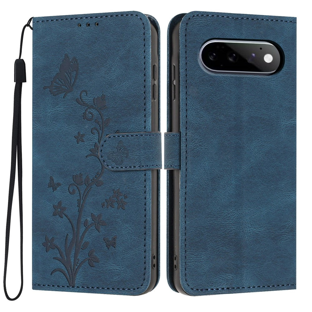 For Google Pixel 11 / Pixel 11 Pro Wallet Case Butterfly Flower Imprint PU Leather Phone Cover with Wrist Strap